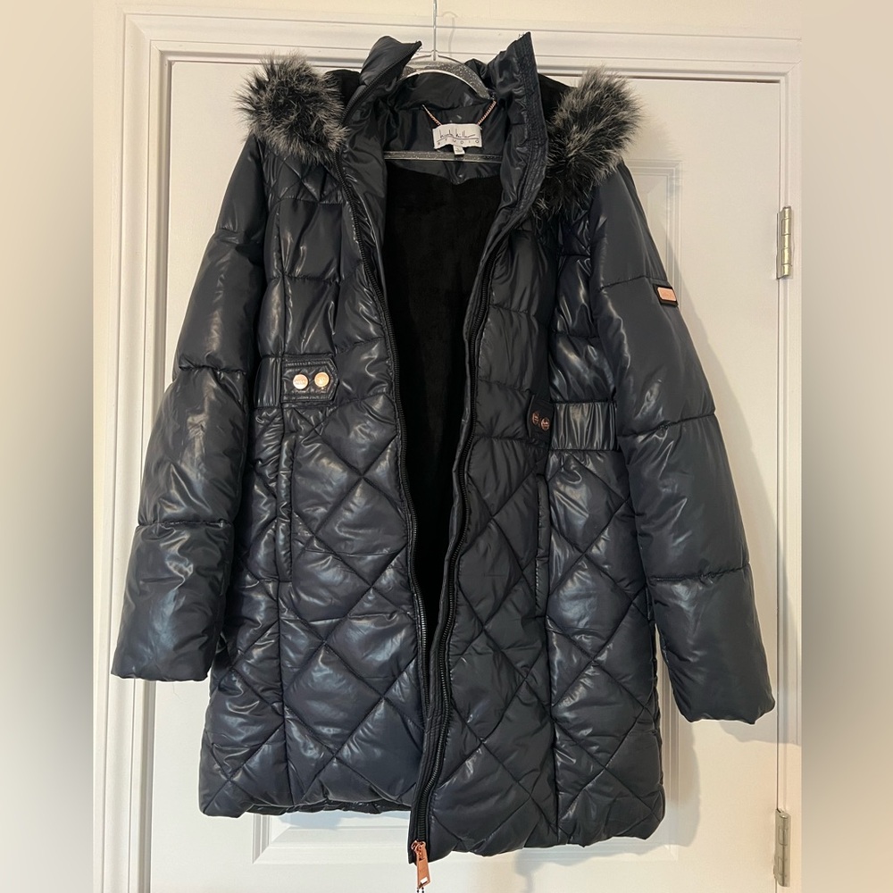 Women's Nicole Miller Quilted Navy Coat with Faux Fur Hood